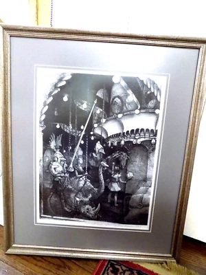 Vtg Merry go round with Rhino Surreal Rare Art Signed William D Davis Big Framed - Imagem 1 de 4