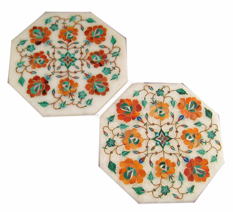 set of 2 12" Marble corner / side end handcrafted inlay Table Top - Image 1 of 1