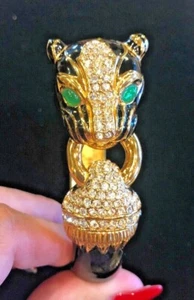 SIGNED CINER ENAMEL AND CRYSTAL PANTHER GOLD TONE PANTHER CUFF BRACELET - Picture 1 of 9