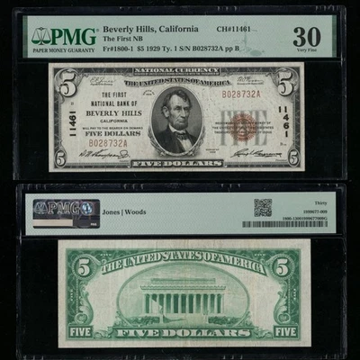 SC 1929 $5 The First National Bank of Beverly Hills, CA Ch# 11461 PMG 30 - Image 1 of 4