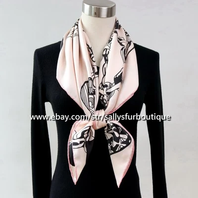 Sallys Heavy 18 Momme Twill Silk Wrap Scarf Chains Print Double Face Shawl 35" - Image 1 of 4