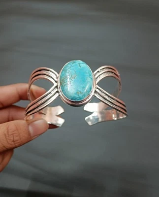 Hermoso Brazalete de Piedras Preciosas Turquesa Plata de Ley Brazalete de Regalo Ajustable Foto 1 de 4