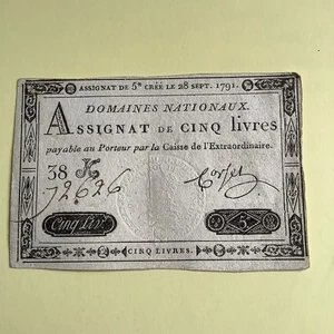 1791 France Revolution Banknote Cinq Livres AZ995 - Picture 1 of 2