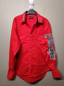 Vintage Wrangler Team Large Logo Long Sleeve Pearl Snap Western Shirt Rodeo Red - Picture 1 of 13