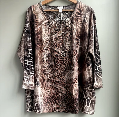 CHICOS Burnout Velvet Mixed Animal Print Embellished Lace Blouse XL (3) Brown - Image 1 of 4