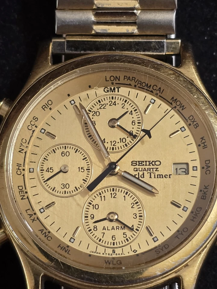 Men's Seiko World Timer Chronograph Gold Tone Quartz Watch 5T52-6A29 - Image 1 of 4