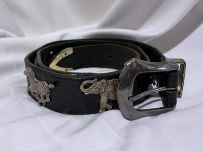 Cinto de couro preto vintage 1992 honesto por BRIGHTON Safari Animals fivela de bronze tamanho 30 - Imagem 1 de 4