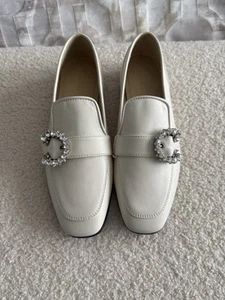Jimmy Choo Mani Crystal-Embellished White Leather Loafers 35.5 - Picture 1 of 10