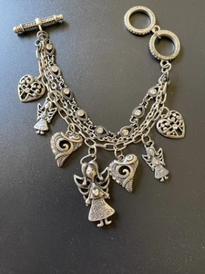 Vintage 3 Strand Silver Tone Charm Bracelet  with Rhinestones, Angels & Hearts - Picture 1 of 5