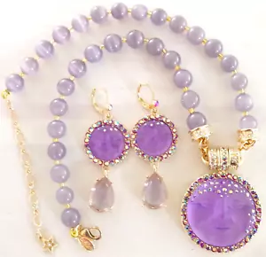 SIGNED KIRKS FOLLY MAGNETIC AB CRYSTAL/ PURPLE MOON FACE EARRINGS & NECKLACE SET - Picture 1 of 24
