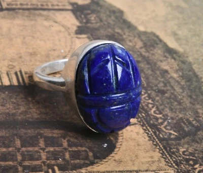 Anillo de escarabajo de lapislázuli, anillo de escarabajo de plata egipcia hecho a mano, anillo de mujer Foto 1 de 4