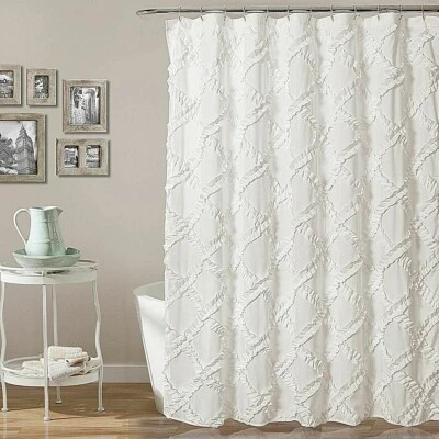 Lush Decor Shower Curtain Ruffled Diamond White 72x72" Polyester 12 Button Holes - Image 1 of 4