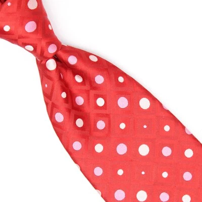 Daniel Milano Mens Silk Necktie Red Diamond Pink Champagne Dot Woven TIe Italy - Image 1 of 4