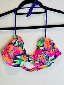 VTG 80'S NEON PINK GREEN&PURPLE TROPICAL FLORAL PRINT UNDERWIRE BIKINI TOP*S - Picture 1 of 4
