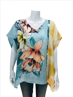 Chico's Size S/M 100% Linen Tropical Bloom Floral V-Neck Kimono Tunic Caftan Top - Image 1 of 4