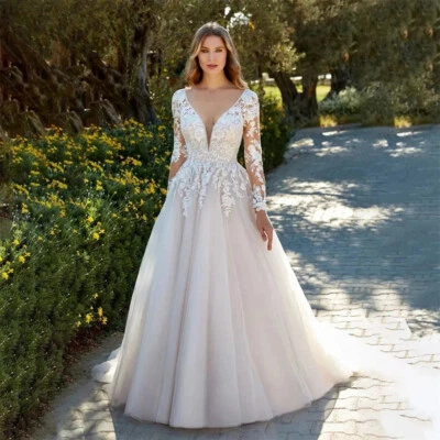 Elegant A Line Lace Wedding Dresses Illusion Long Sleeves Applique Bridal Gowns - Image 1 of 4