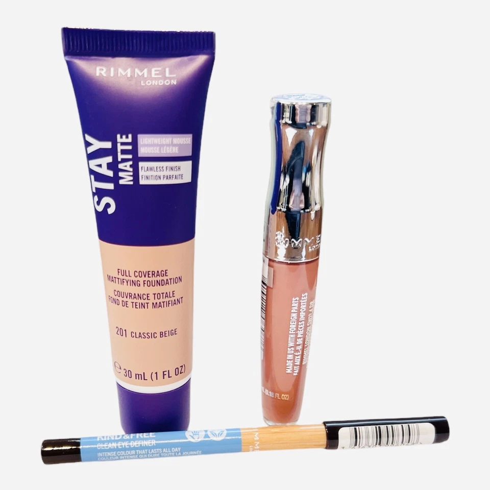 Rimmel London Stay Matte Liquid Foundation Classic Beige, Lip Gloss, Eye Liner - Image 1 of 4