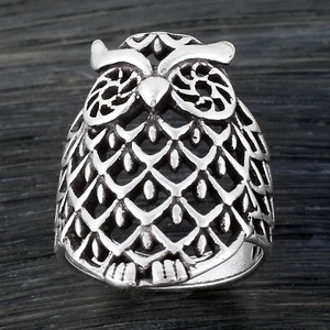 925 Sterling Silber aufwendiger Cut-Out thront Eule breiter Ring Größe 5-9 - Bild 1 von 6