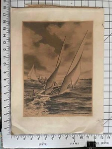 CHESAPEAKE BAY LOG CANOES JOHN MOLL VINTAGE SIGNED PRINT LITHOGRAPH - Picture 1 of 5