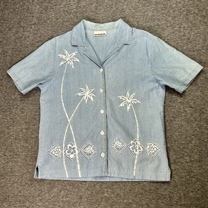Vintage Amica Blouse Women M Blue Palm Tree Floral Button Up Short Sleeve Hawaii - Picture 1 of 7