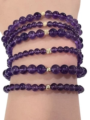 Amethyst Gemstones 4mm 6mm Stretch Bracelet 14k Bead Stardust Polish Corrugated - Image 1 of 4