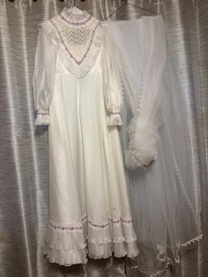 Vintage Alfred Angelo Wedding Dress Womens Medium Lace High Neck Long Sleeve Vei - Image 1 of 4