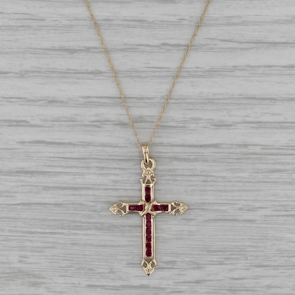 Collar Colgante Cruz Rubí 0.22ctw Oro Amarillo 14k Cadena Cuerda 19.25" Foto 1 de 4