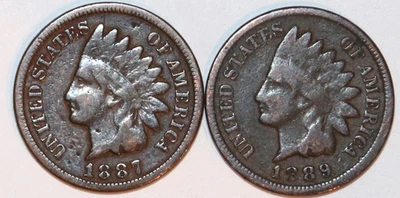(2) Indian Head Cents - 1887(G/VG) 1889(G/VG) - #5386D FREE SHIPPING - Image 1 of 2