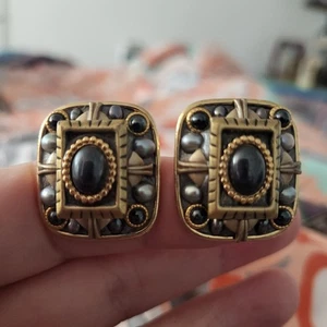 Vintage MICHAL GOLAN CLIP EARRINGS Brushed Gray Black Gold Rectangle - Picture 1 of 8