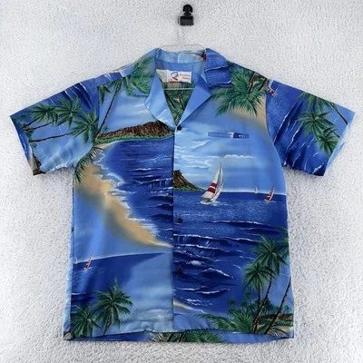 Shoreline Hawaii Shirt Mens Medium Blue Hawaiian Aloha Beach Sailboat Palm Tree - Image 1 of 4