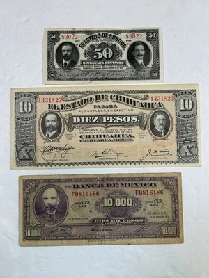 Lot Of 3 Mexico Banknotes. 10000 Pesos, 10 Pesos And 50 Centavos. -CIRCULATED- - Image 1 of 4