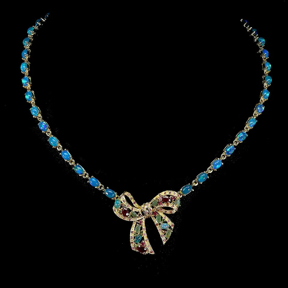 Collar de plata de ley 925 ovalado ópalo azul 6x4 mm rubí esmeralda piedras preciosas 16,5 pulgadas Foto 1 de 4