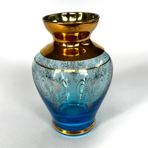 Jarrón vintage de vidrio de Murano azul Ferro & Lazzarini con arte floral dorado de 24 quilates Italia - Imagen 1 de 8