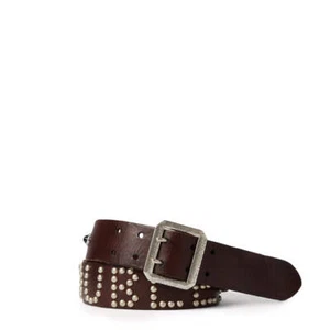RRL by Ralph Lauren Studded-Logo Leather Belt Dark Brown - Picture 1 of 9