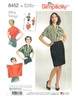SIMPLICITY SEWING PATTERN 8452 1 PIECE KNIT BLOUSES 50S RETRO MISSES SIZES SM-LG - Image 1 of 4