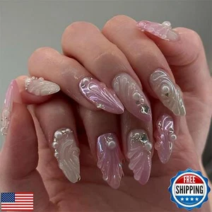 Summer Press on Nails Medium Almond Fake Nails with 3D Pearl Water Ripple Des - Picture 1 of 5