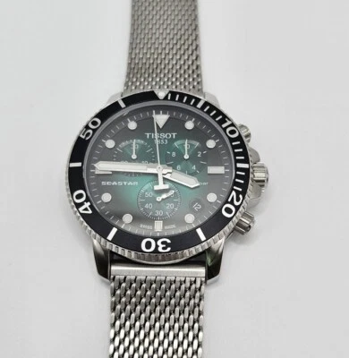 Tissot Seastar 1000 Chronograph Quartz Mens Watch Green Dial & Steel Mesh Band - Image 1 of 4