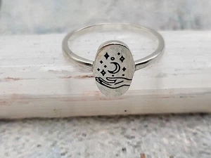 Oxidized 925 Sterling Silver Celestial Hand Ring - Moon & Stars - Picture 1 of 7