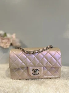 NWT🦄 CHANEL 21K Classic Mini Rectangular Flap Calfskin Iridescent Pink Bag SHW - Picture 1 of 12