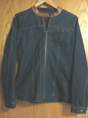 Chaqueta vaquera Forenza para mujer talla 6 pequeña azul marrón cuello de cuero falso cremallera completa Foto 1 de 3