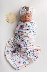 Newborn Baby Girl Receiving Blanket Swaddle Blanket Stretchy Knit Swaddle Set Wi - Picture 1 of 7
