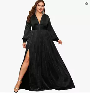 Giffniseti Plus Size Long Sleeves V-Neck Slit A Line Formal Gown (Black, 1XL) - Picture 1 of 4