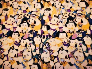 Asian Fabric By Yard Vtg Oriental Men & Women Metallic Gold Premium Cotton #2 #C - Picture 1 of 1