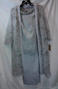 Maya Brooke Women's Plus Size Lace Duster Pantsuit Set - Silver/Grey - Picture 1 of 7