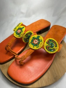 Vaneli NEW Beaded Sandals Orange Suede Leather Yellow/Green/White Beads 10D wide - Picture 1 of 12
