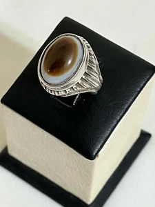 Men 925 Silver Ring Authentic Yemen Aqeeq Agate Handmade عقيق جزع بقري نوادر - Picture 1 of 14