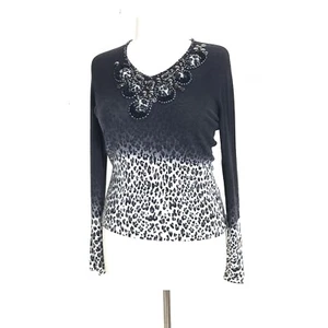 Maglia da donna nera bianca fantasia animalier strass perline PHILIPPE CARAT XL - Foto 1 di 15