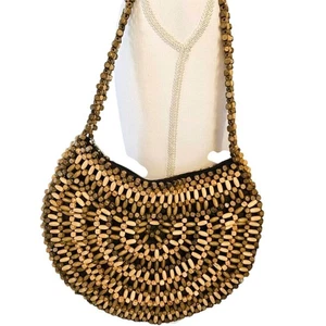 Cato Vintage Holz Perlen Boho Retro Braun Halbrund Schulter Handtasche Handtasche - Bild 1 von 9
