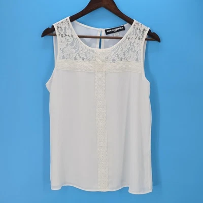 Karl Lagerfeld Paris Blouse Womens Small White Lace Sleeveless Front Lined Top - Image 1 of 4