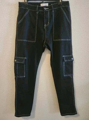 Red Bottoms Black Cargo Pants with White Stitching – Size 16 - Image 1 of 3
